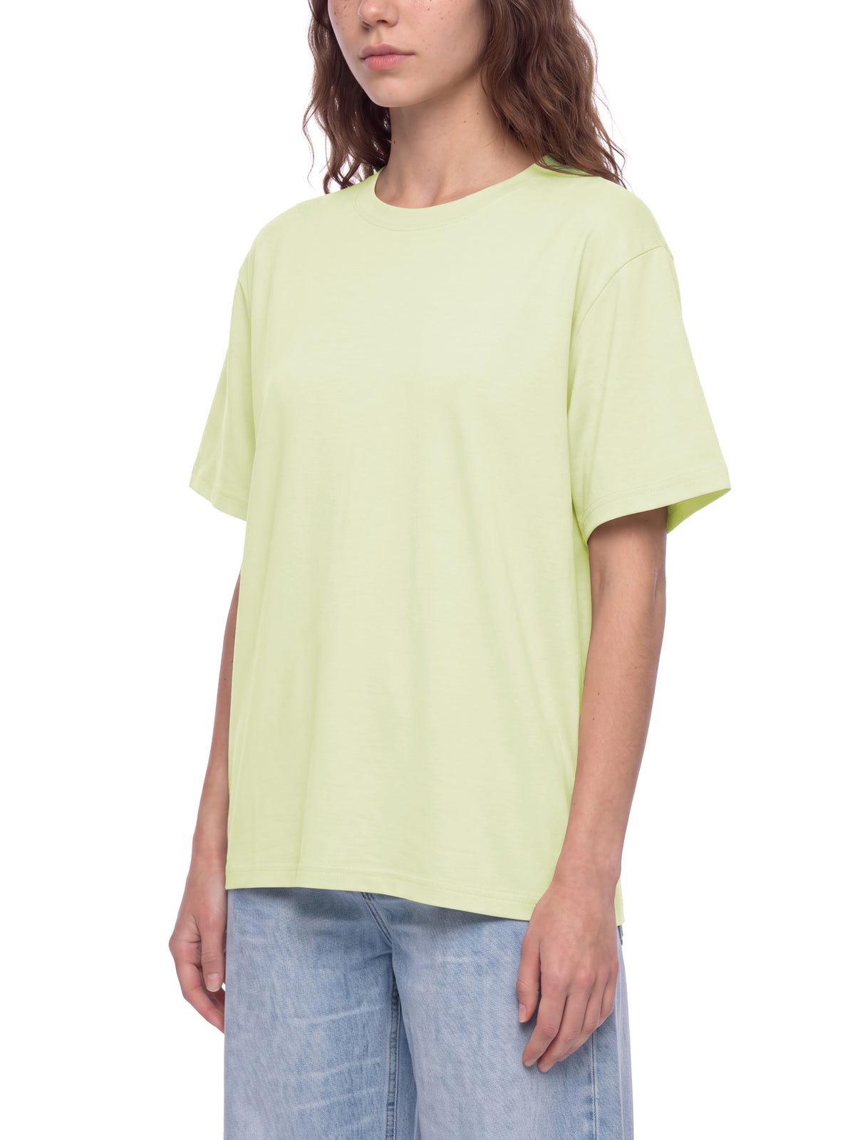 Off Script Unisex Heavyweight Sorona T-Shirt on female model front three-quarter view