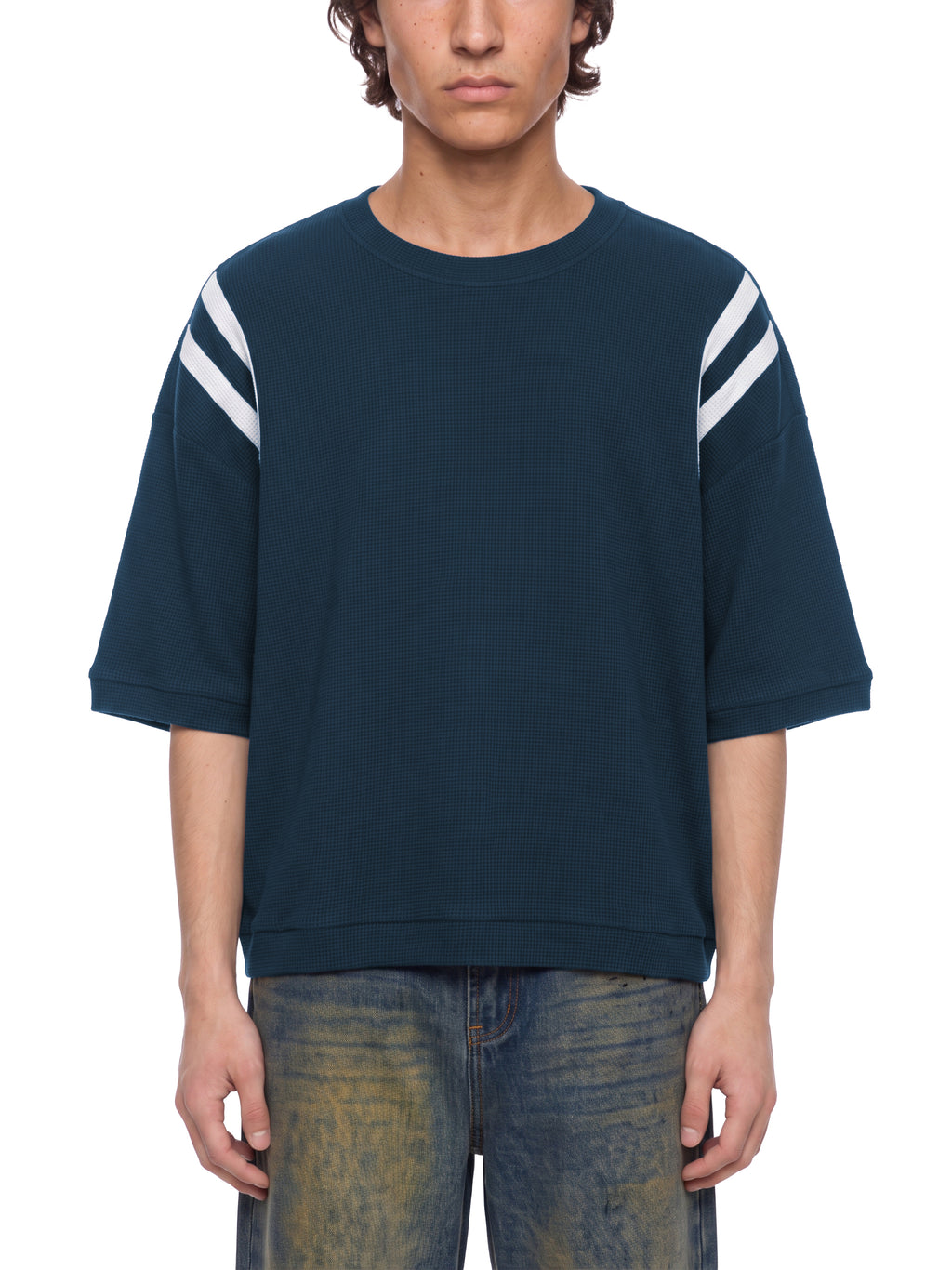 Off Script Unisex Color Block Waffle Boxy T-Shirt on male model front view