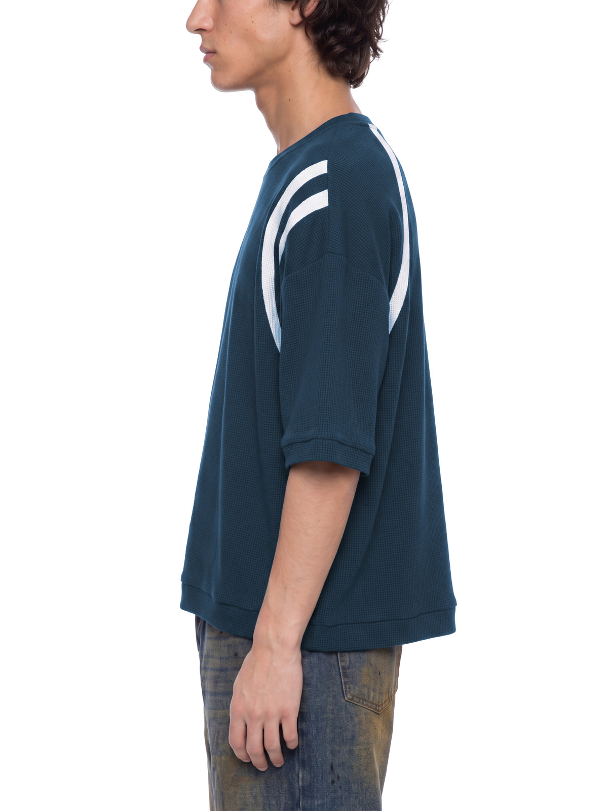 Off Script Unisex Color Block Waffle Boxy T-Shirt on male model side view
