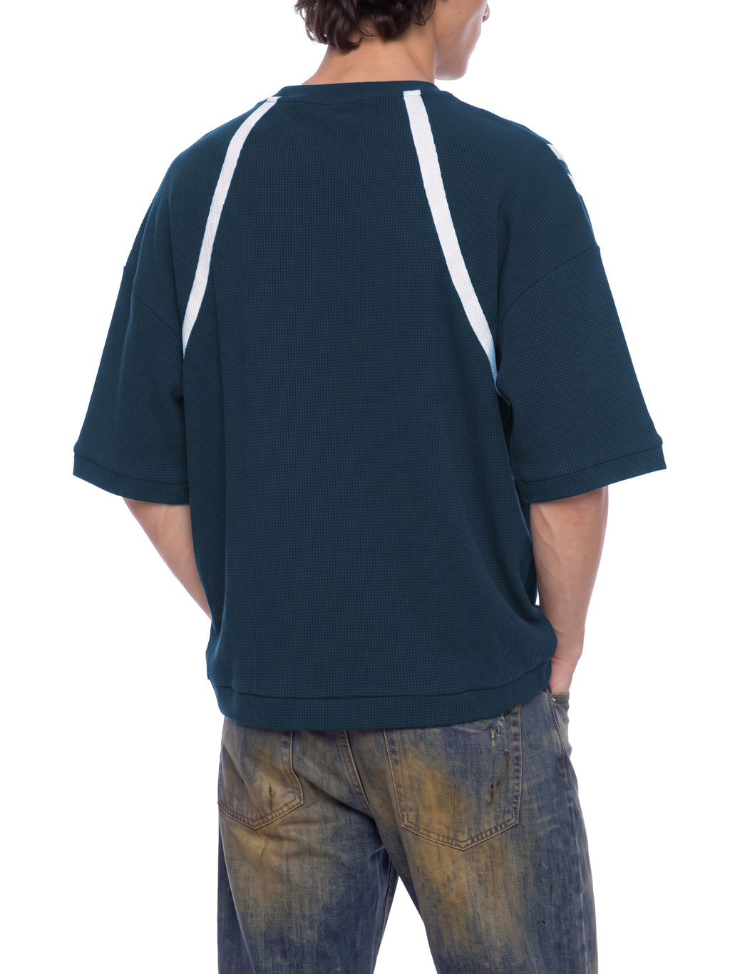 Off Script Unisex Color Block Waffle Boxy T-Shirt on male model back three-quarter view