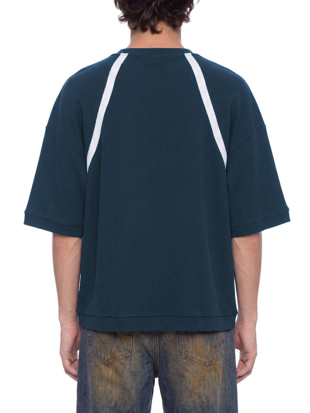 Off Script Unisex Color Block Waffle Boxy T-Shirt on male model back view