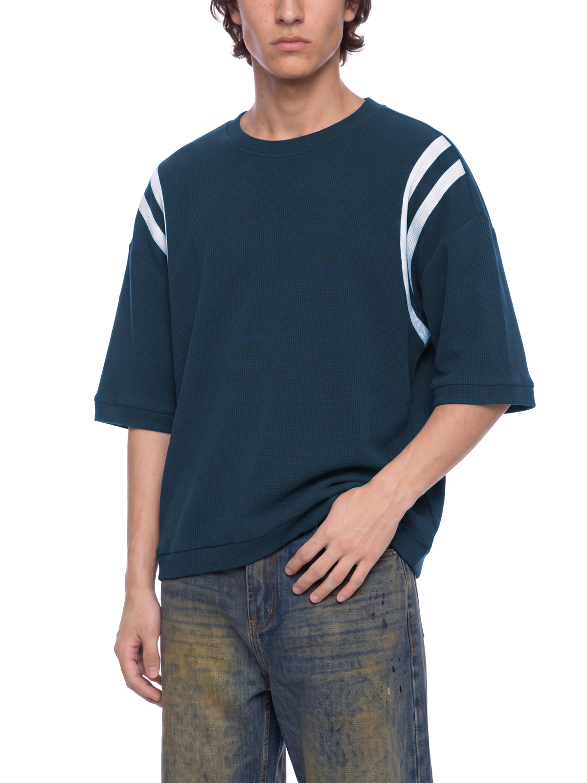 Off Script Unisex Color Block Waffle Boxy T-Shirt on male model casual front view