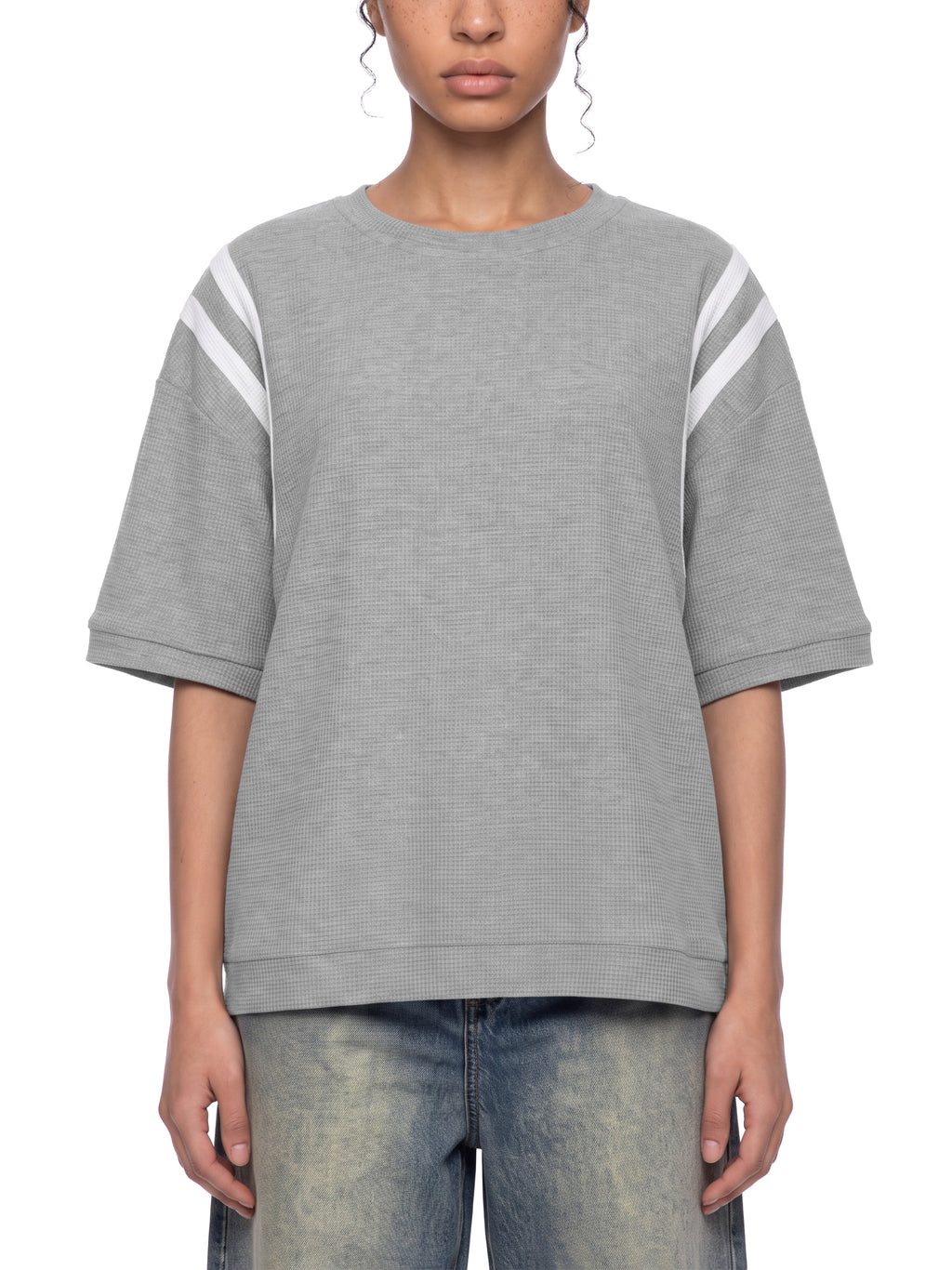 Off Script Unisex Color Block Waffle Boxy T-Shirt on female model front view