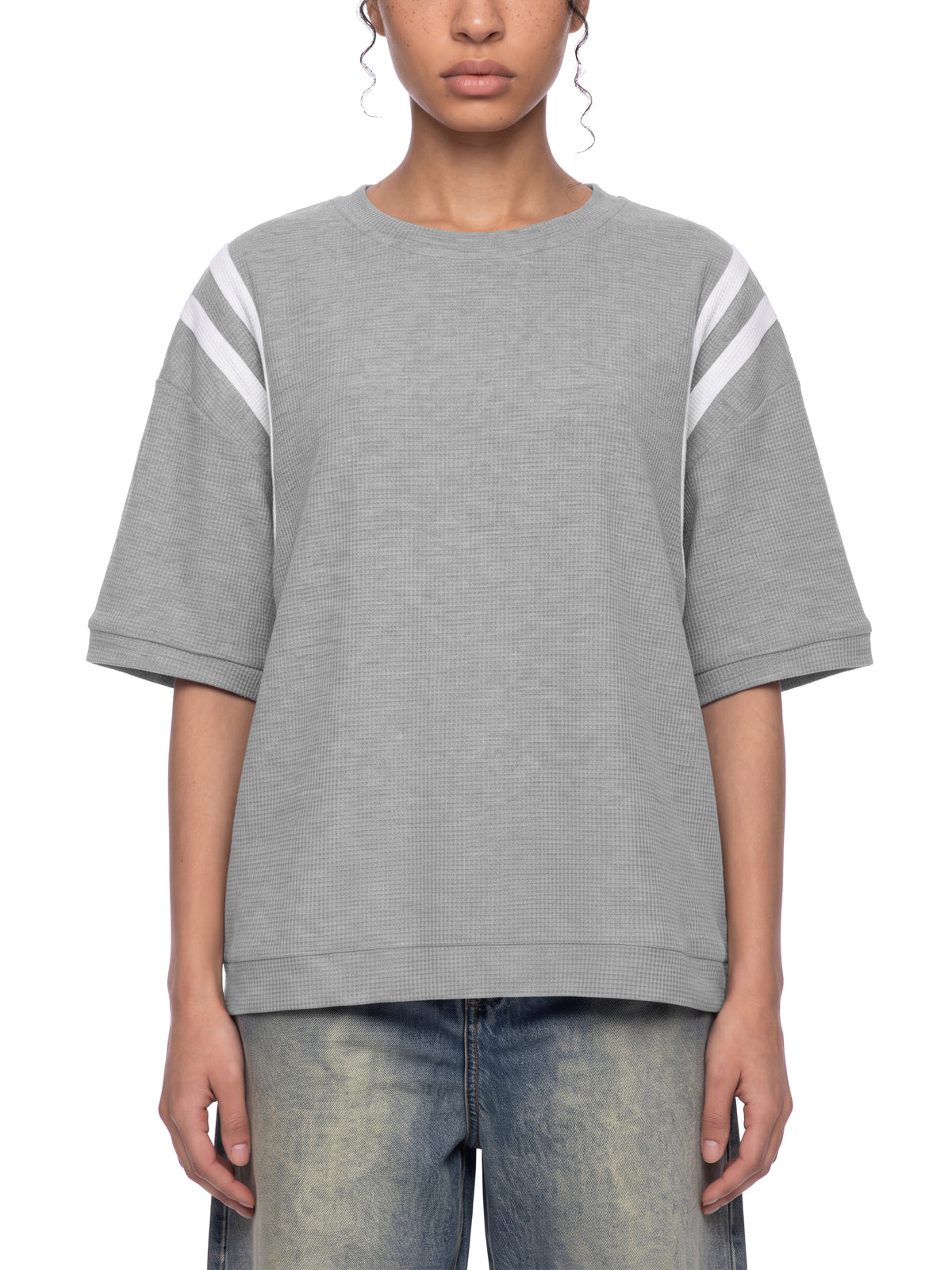 Off Script Unisex Color Block Waffle Boxy T-Shirt on female model front view