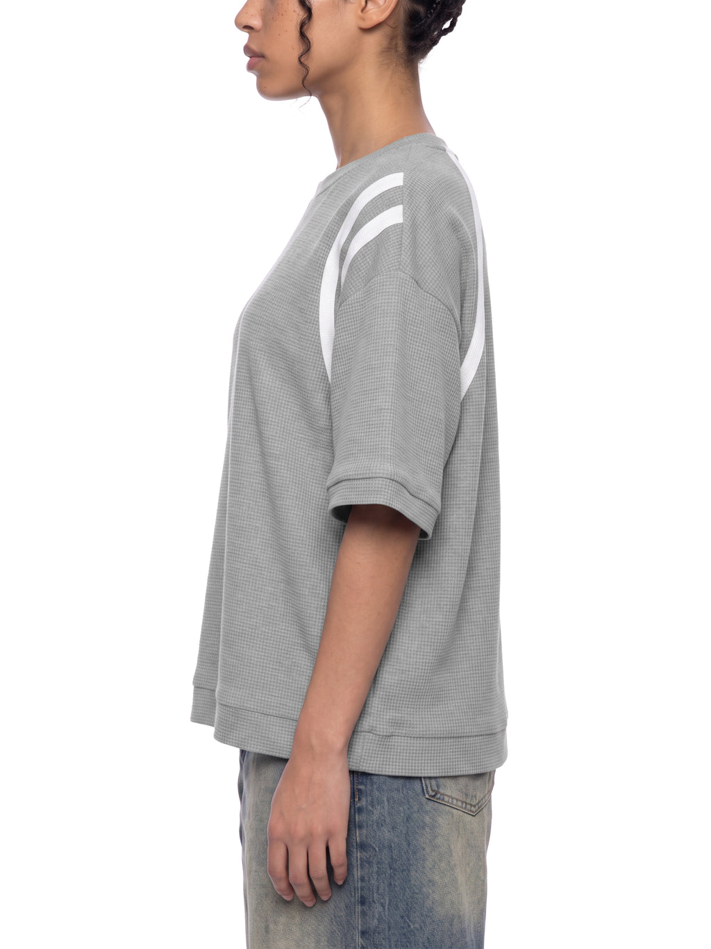 Off Script Unisex Color Block Waffle Boxy T-Shirt on female model side view