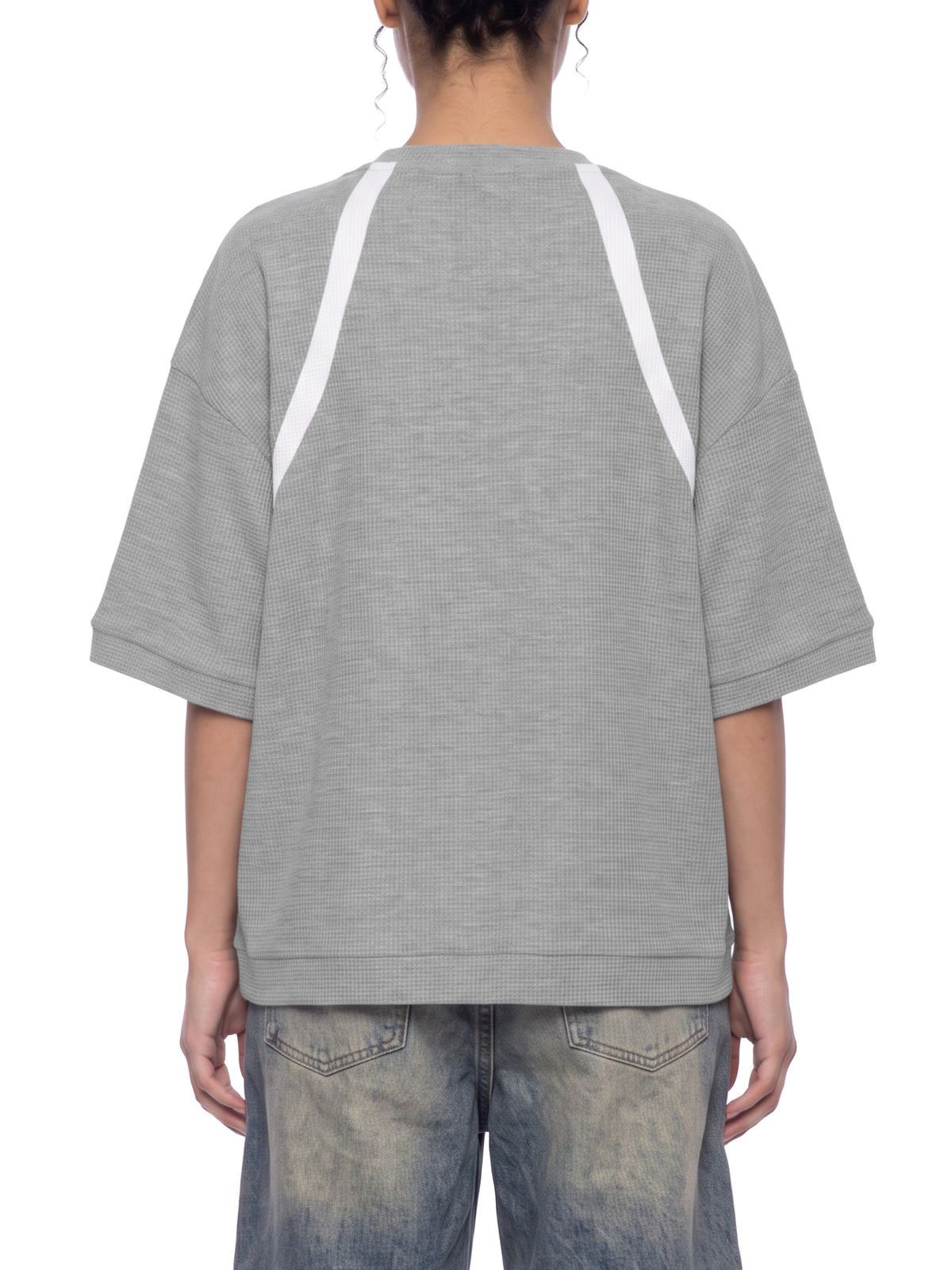Off Script Unisex Color Block Waffle Boxy T-Shirt on female model back view