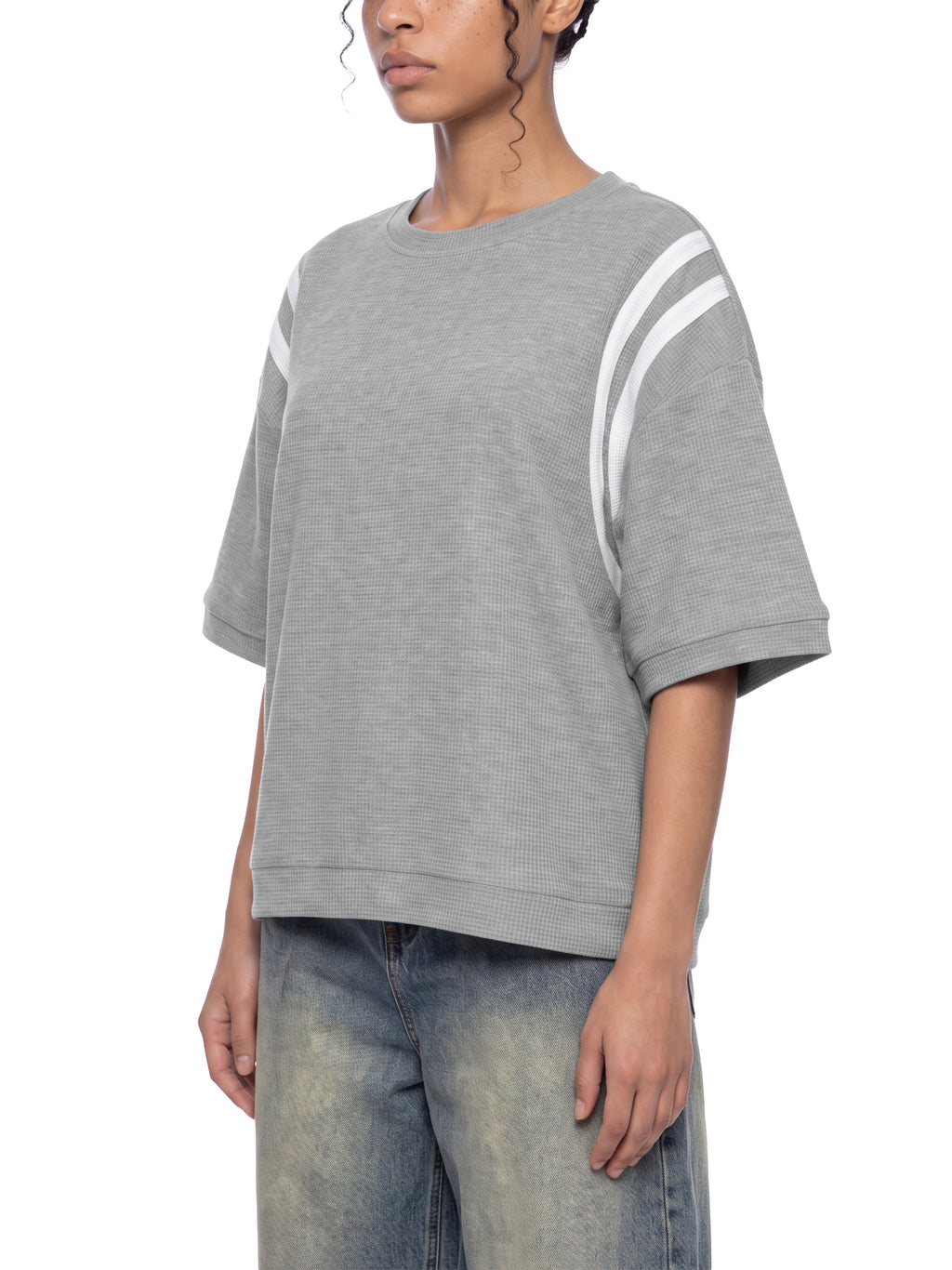 Off Script Unisex Color Block Waffle Boxy T-Shirt on female model casual front view