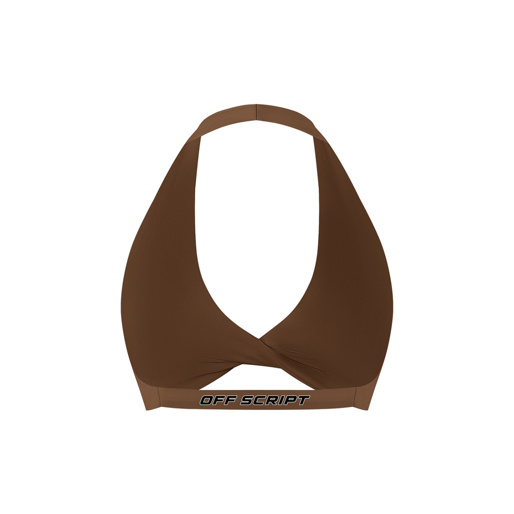 Off Script Women’s Pleated Halter Sports Bra Brown back mockup