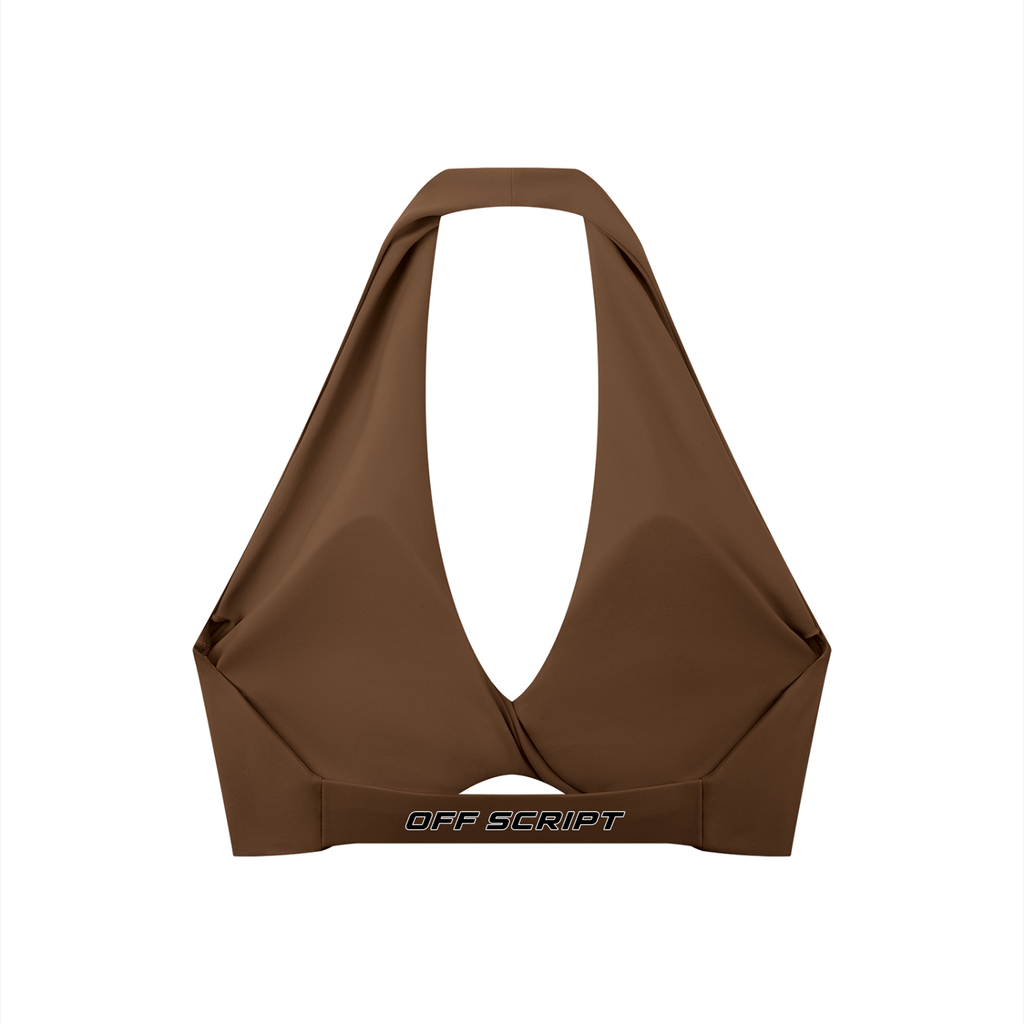 Off Script Women’s Pleated Halter Sports Bra Brown back product view