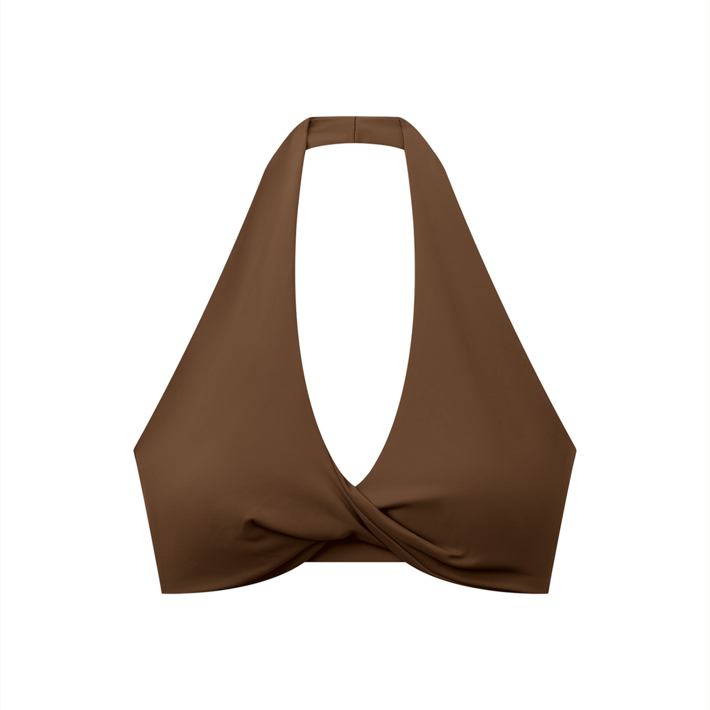 Off Script Women’s Pleated Halter Sports Bra Brown front product view