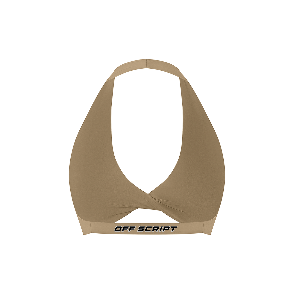 Off Script Women’s Pleated Halter Sports Bra Khaki back mockup