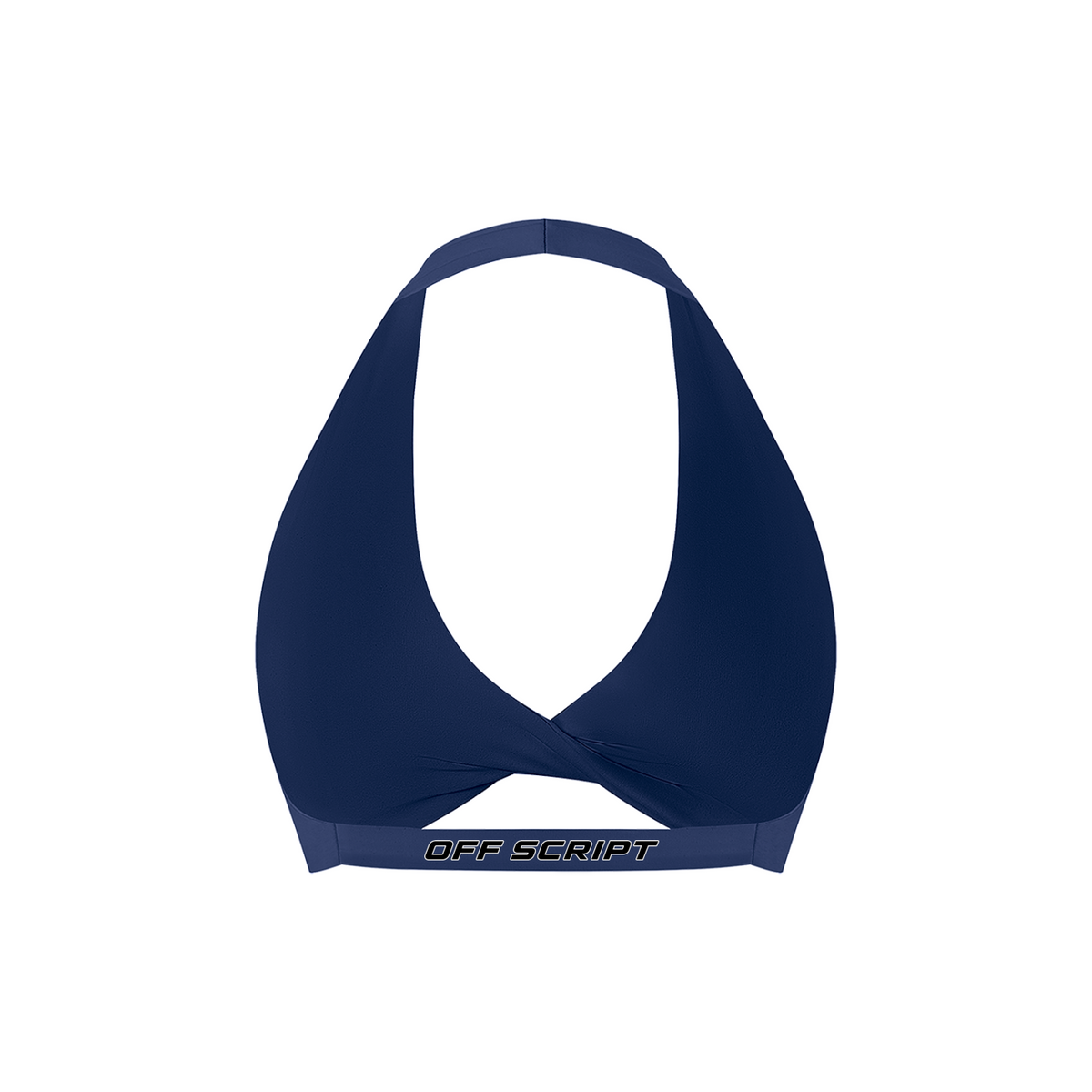 Off Script Women’s Pleated Halter Sports Bra Navy Blue back mockup