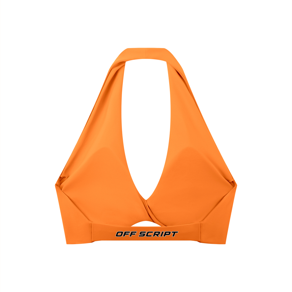 Off Script Women’s Pleated Halter Sports Bra Orange back product view