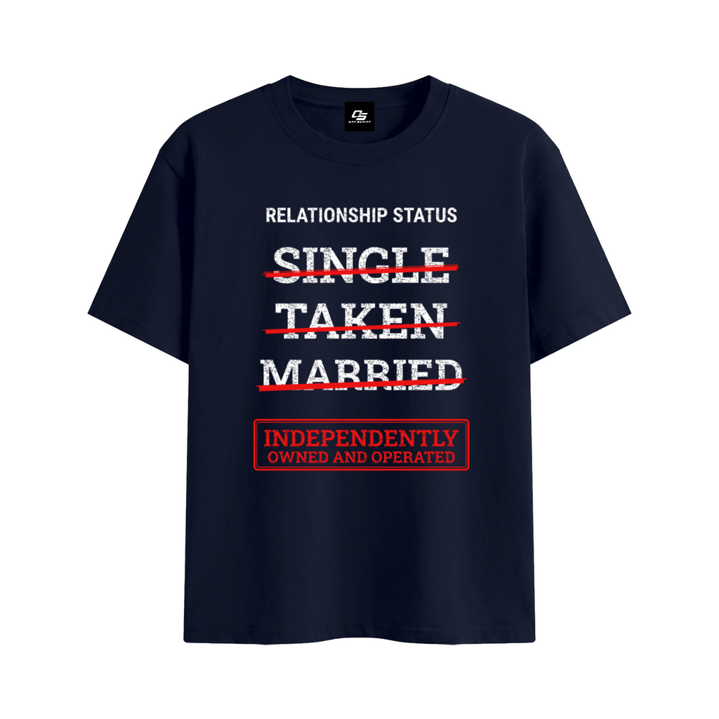 Relationship Status Independently Owned & Operated Unisex Graphic T-Shirt - Navy Blue front 3D mockup
