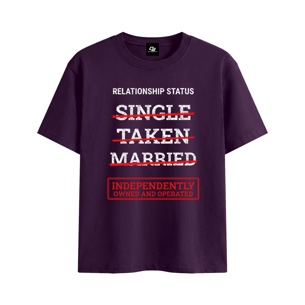 Relationship Status Independently Owned & Operated Unisex Graphic T-Shirt - Purple front 3D mockup