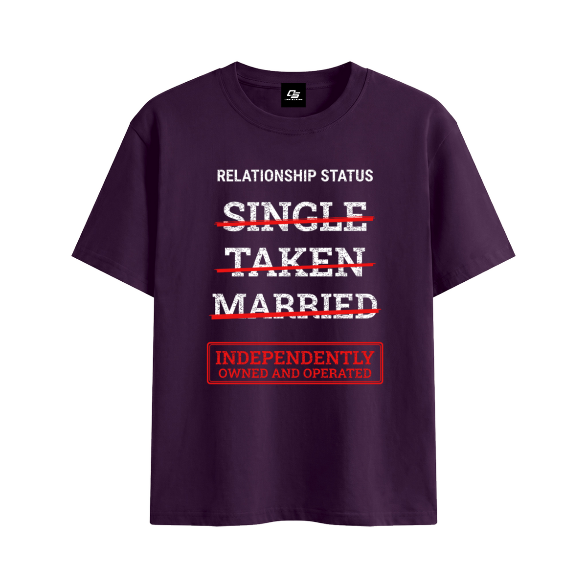 Relationship Status Independently Owned & Operated Unisex Graphic T-Shirt - Purple front 3D mockup