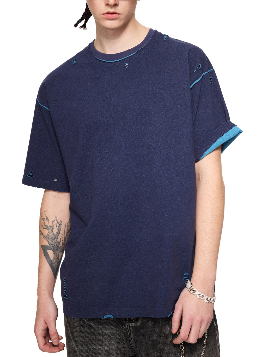 Unisex Hand-Frayed Reversible T-Shirt in Navy Blue with Light Blue - model front view