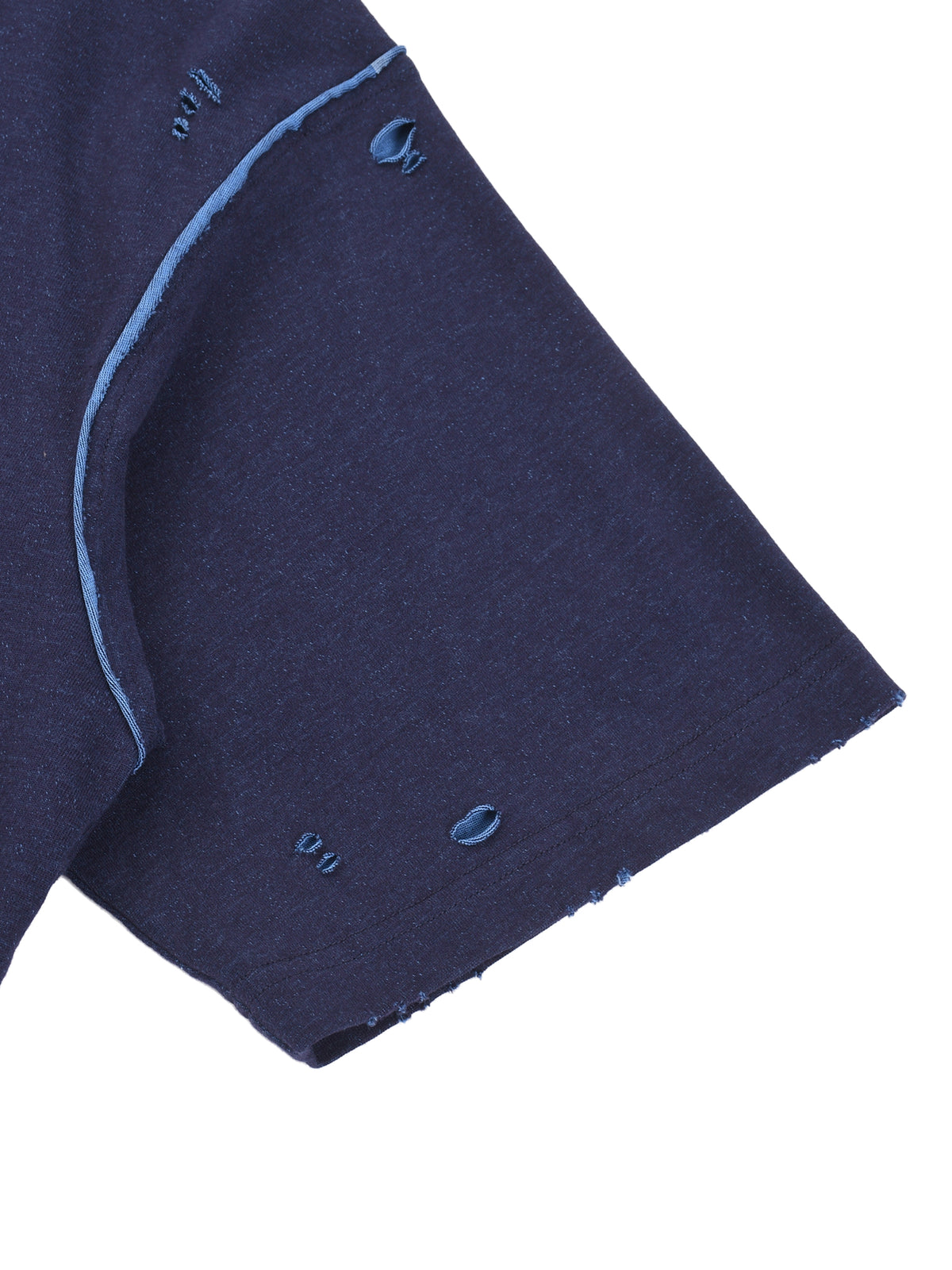 Navy Blue and Light Blue reversible T-shirt - sleeve seam and hand-frayed detail