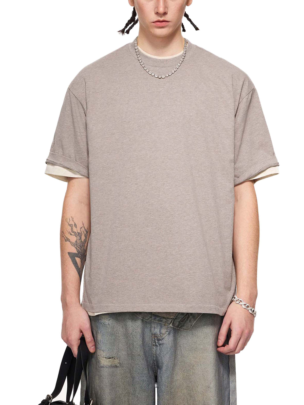 Off Script Essential Cotton T-Shirt - Khaki Flower Grey model front view