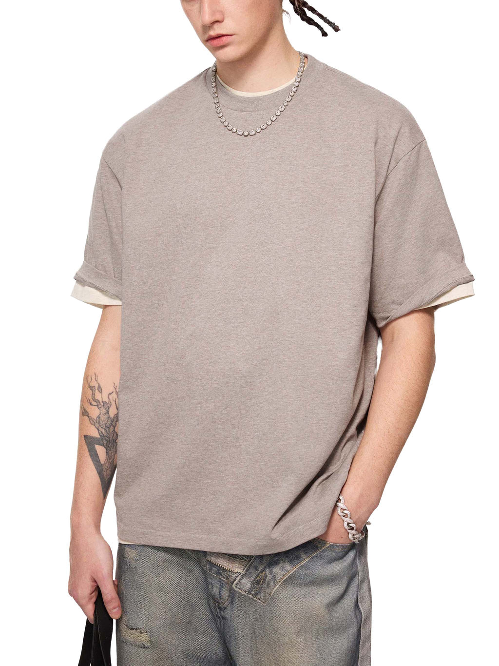 Off Script Essential Cotton T-Shirt - Khaki Flower Grey model relaxed view