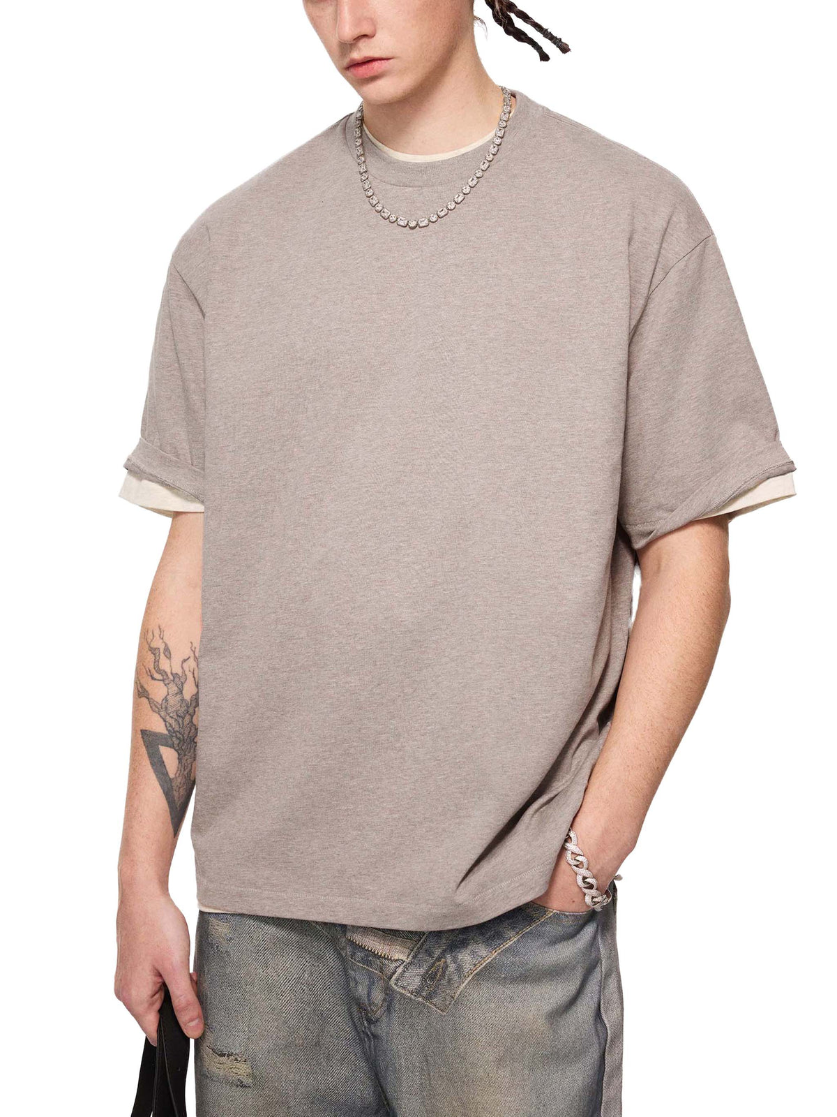 Off Script Essential Cotton T-Shirt - Khaki Flower Grey model relaxed view