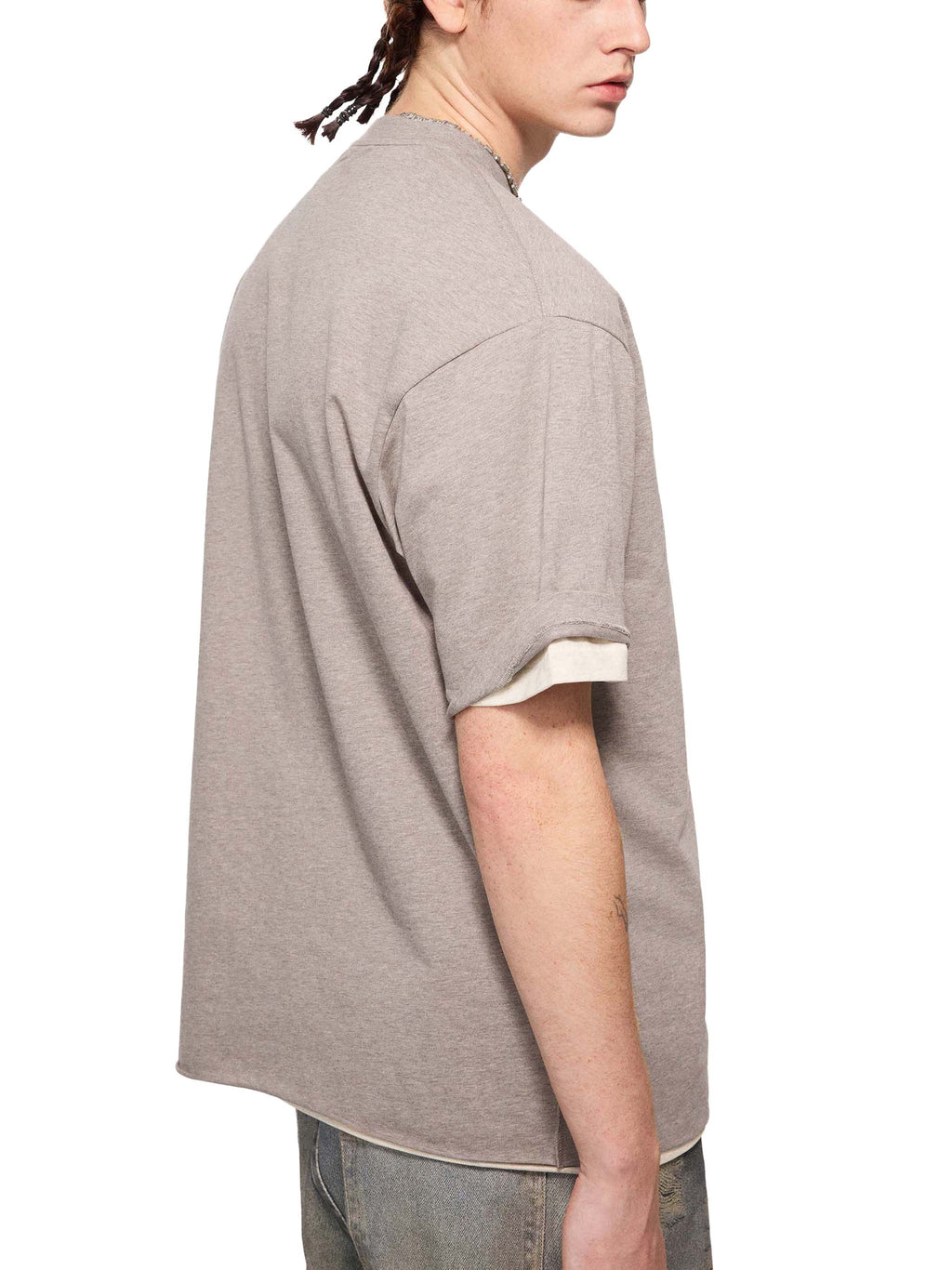 Off Script Essential Cotton T-Shirt - Khaki Flower Grey model side and back view