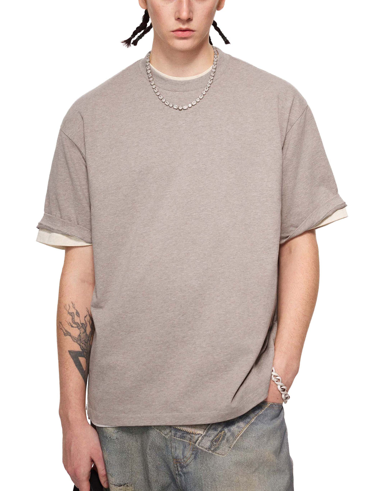 Off Script Essential Cotton T-Shirt - Khaki Flower Grey model standing view