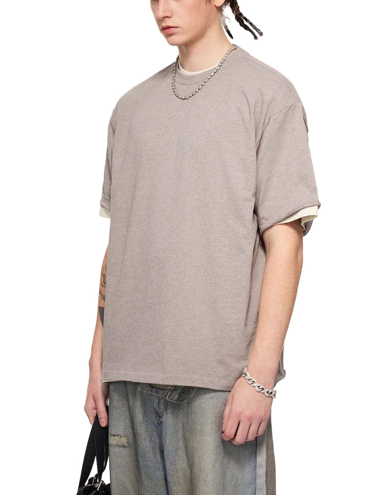 Off Script Essential Cotton T-Shirt - Khaki Flower Grey model three-quarter view