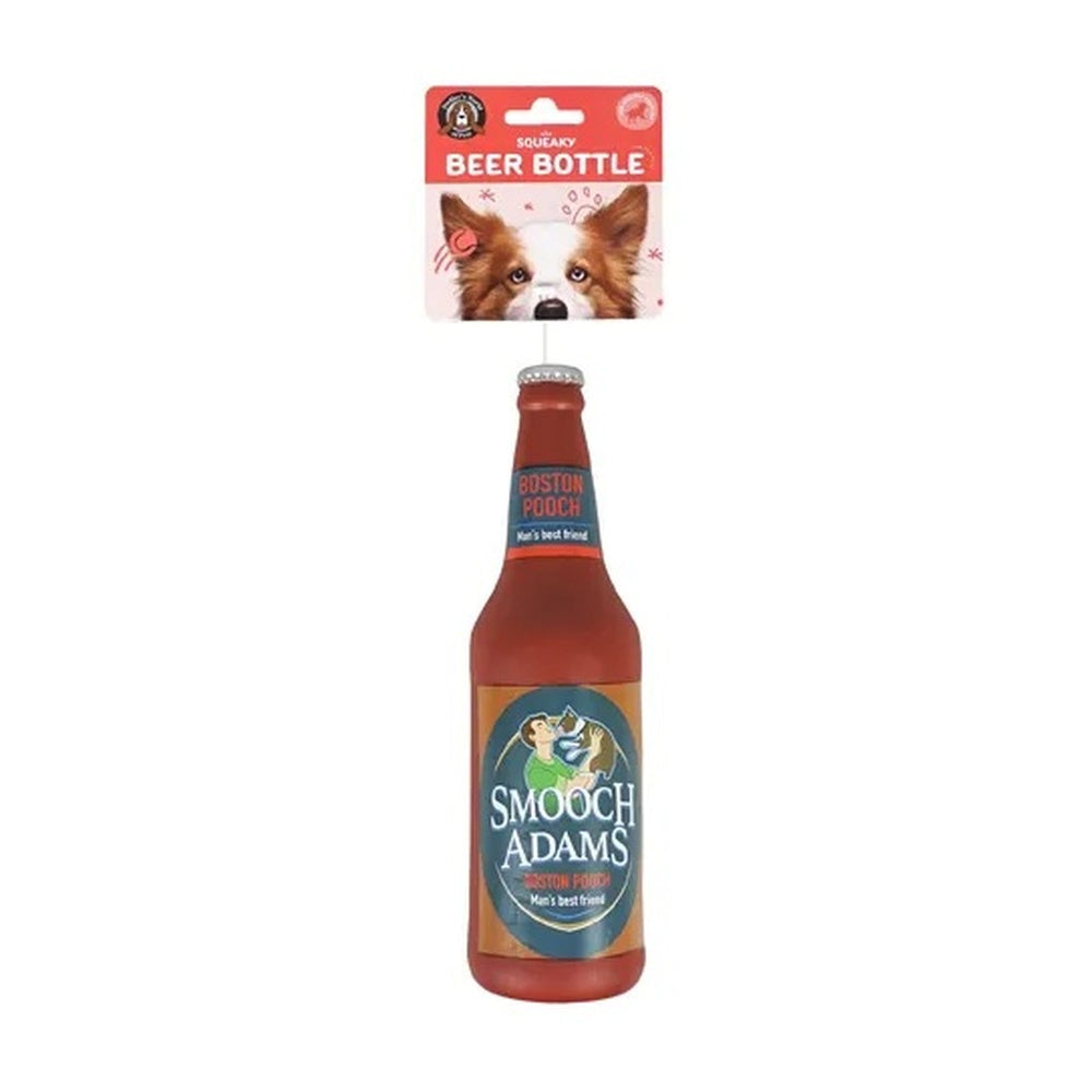 Brown squeaky beverage bottle dog toy