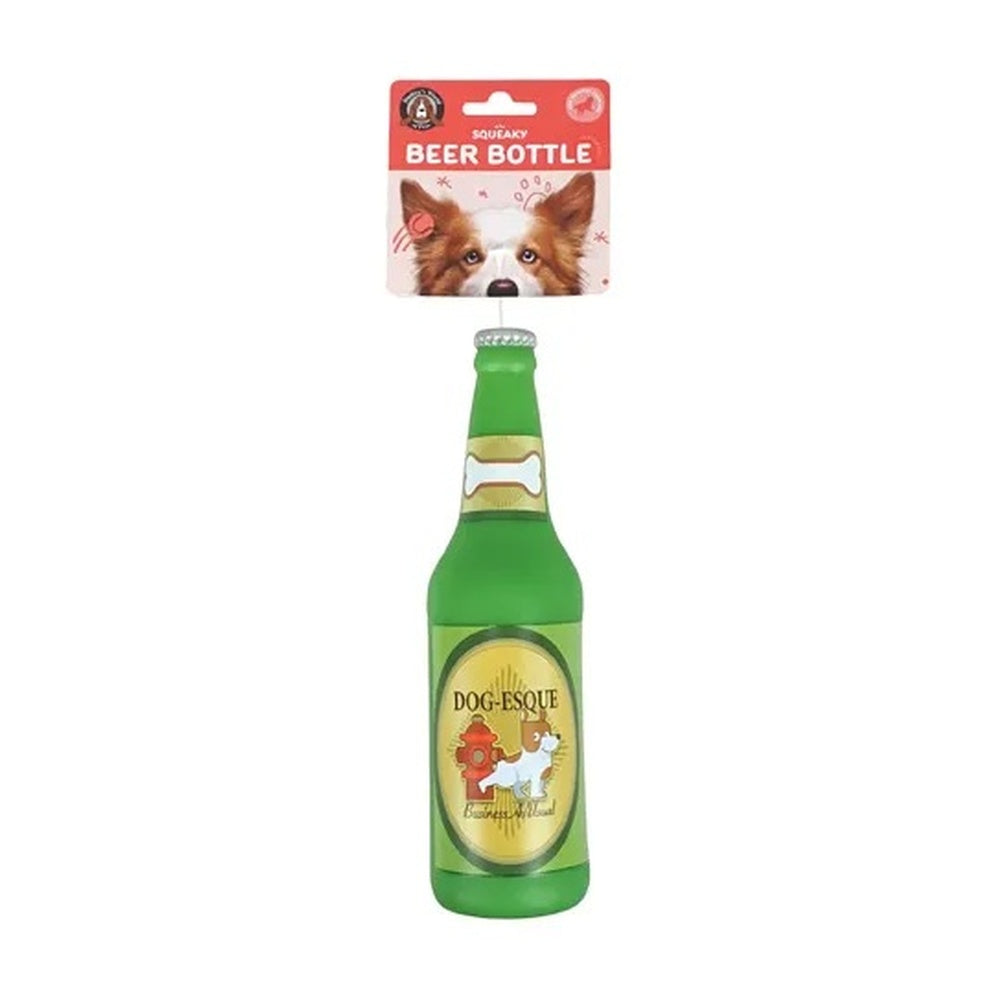 Green squeaky beverage bottle dog toy