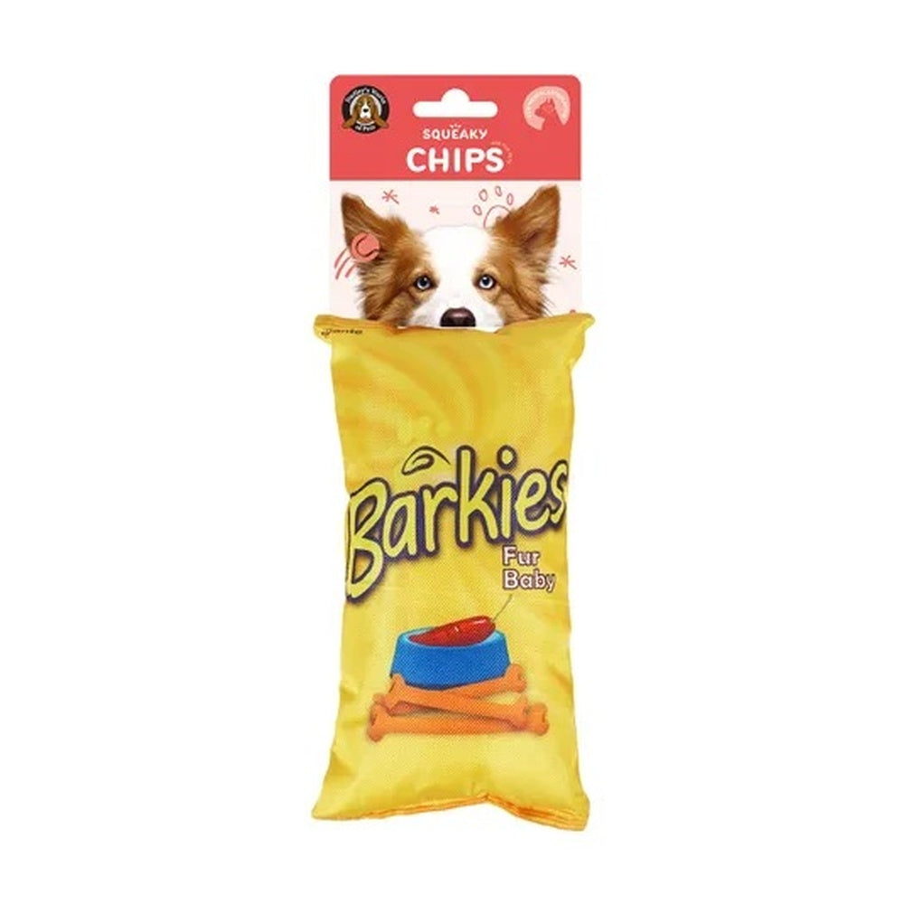 Yellow Barkies squeaky and crinkly dog toy