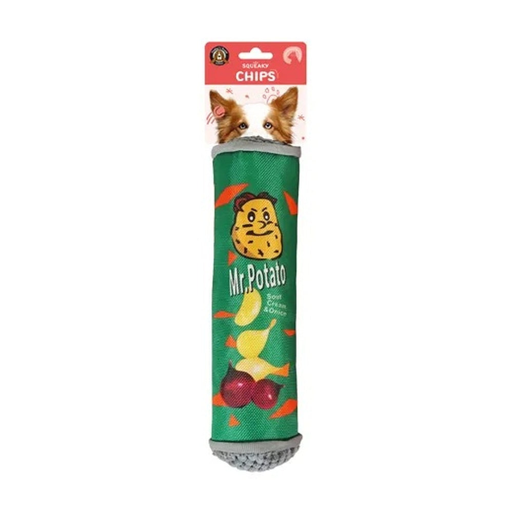 Green can squeaky and crinkly chips dog toy