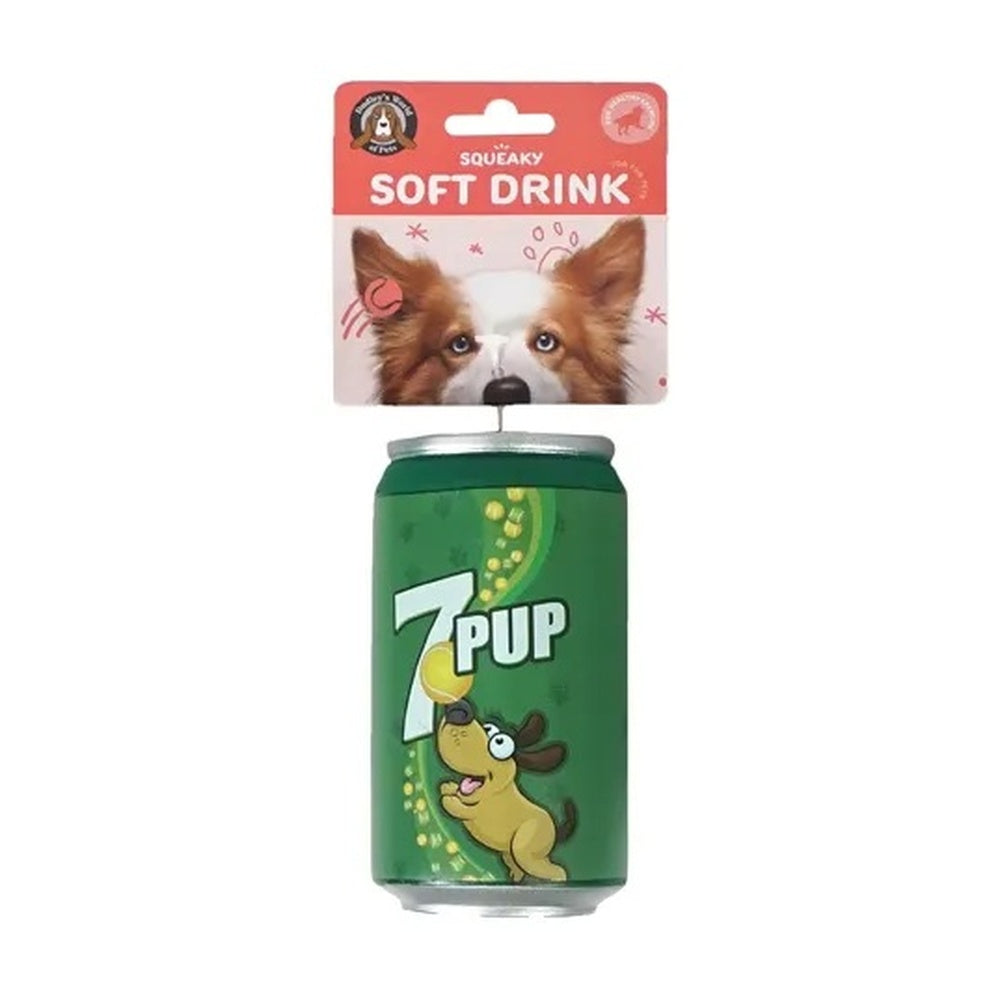 Green soft drink can squeaky dog toy