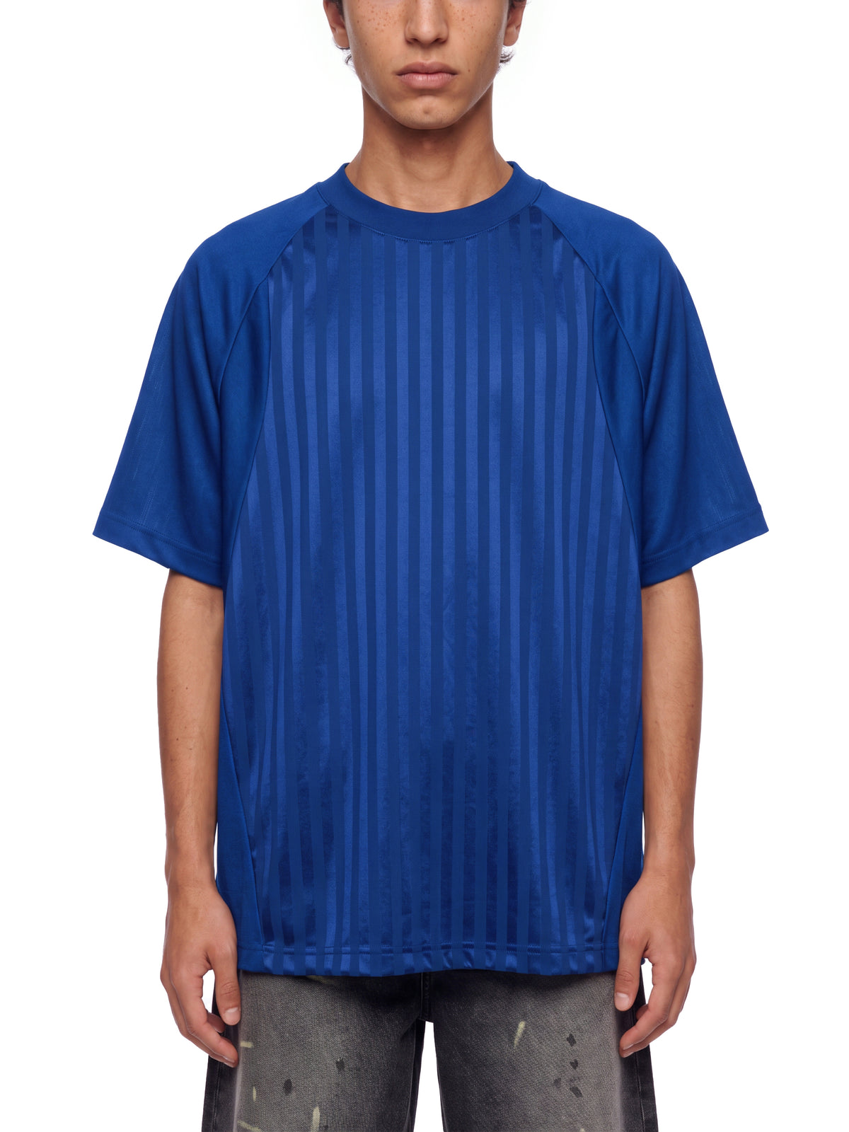 Unisex Striped Soccer Jersey royal blue model front view