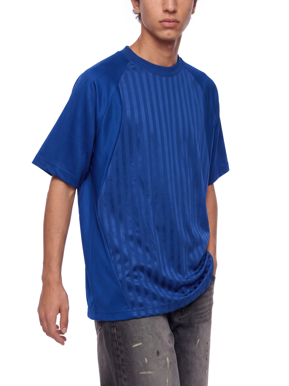 Unisex Striped Soccer Jersey royal blue model three-quarter view