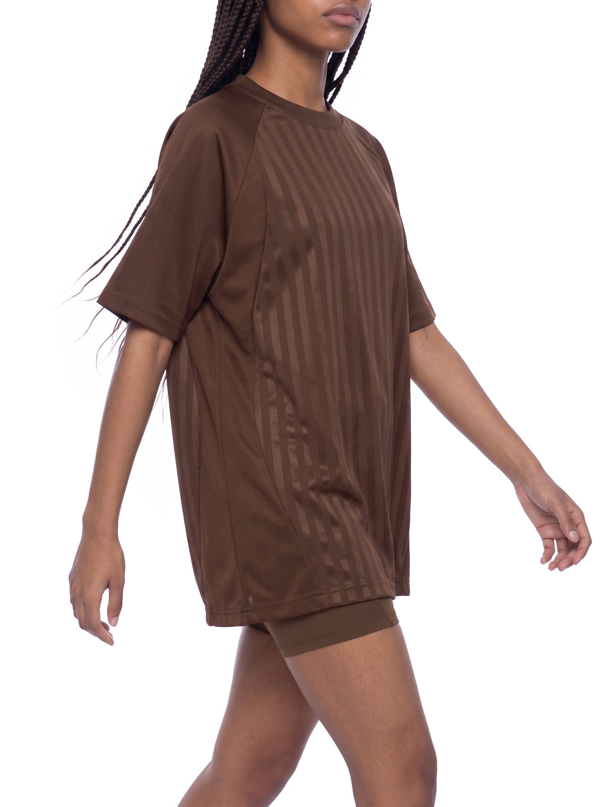 Unisex Striped Soccer Jersey coffee model three-quarter view