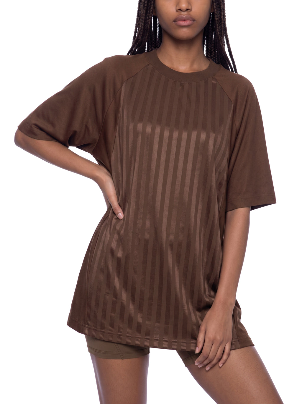 Unisex Striped Soccer Jersey coffee model angled view