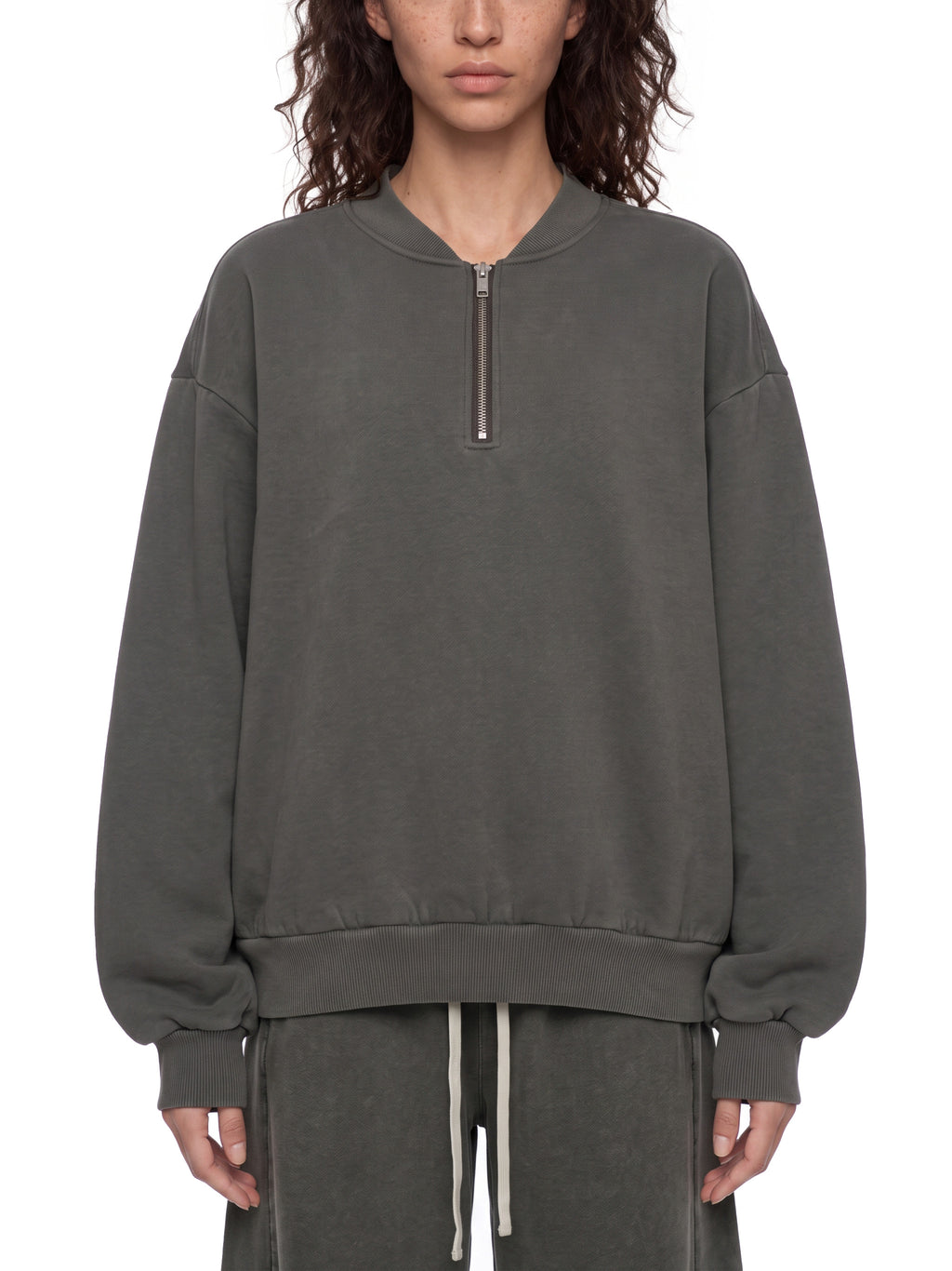 Unisex Vintage Wash Quarter-Zip Sweatshirt flower gray model front view