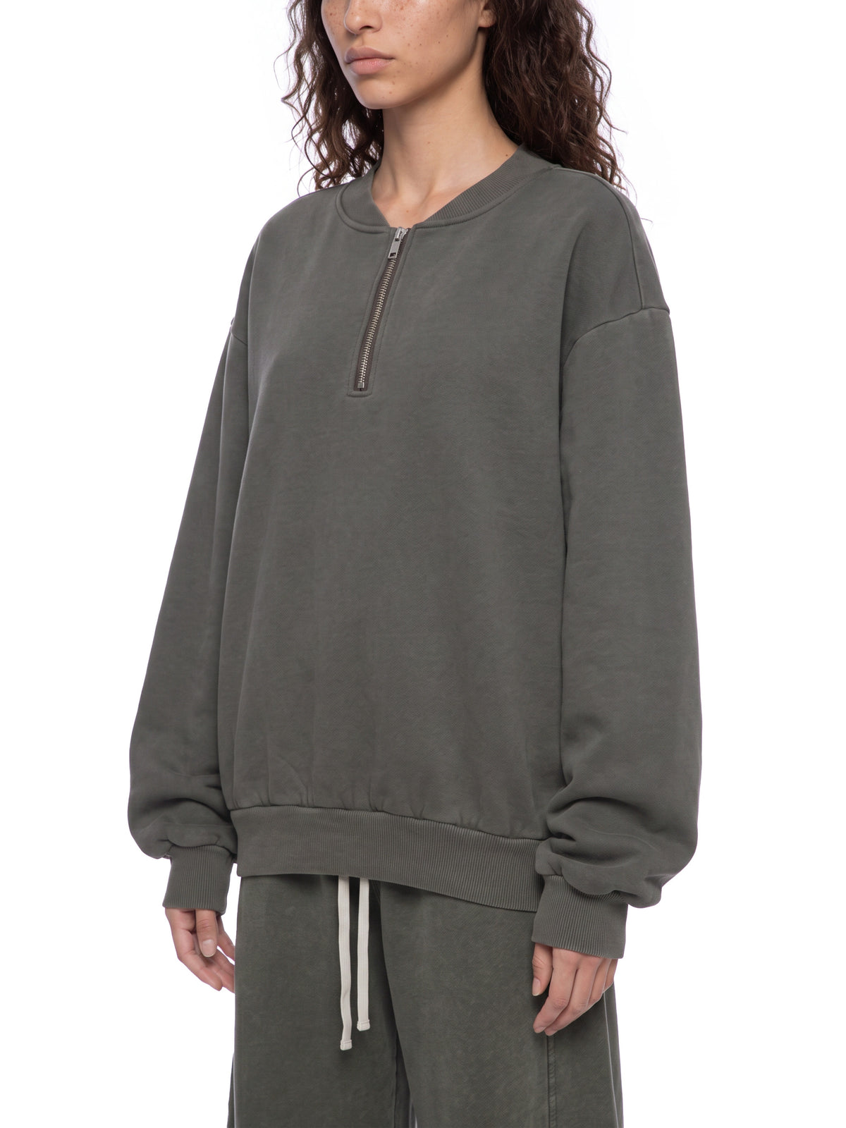 Unisex Vintage Wash Quarter-Zip Sweatshirt flower gray model angled view