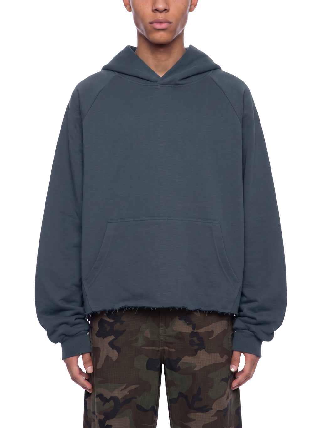 Unisex Vintage Wash Raw Edge Boxy Hoodie blue model front view