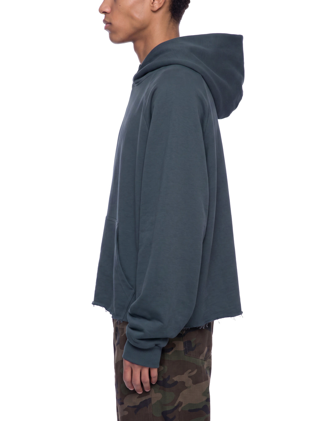 Unisex Vintage Wash Raw Edge Boxy Hoodie blue model side view