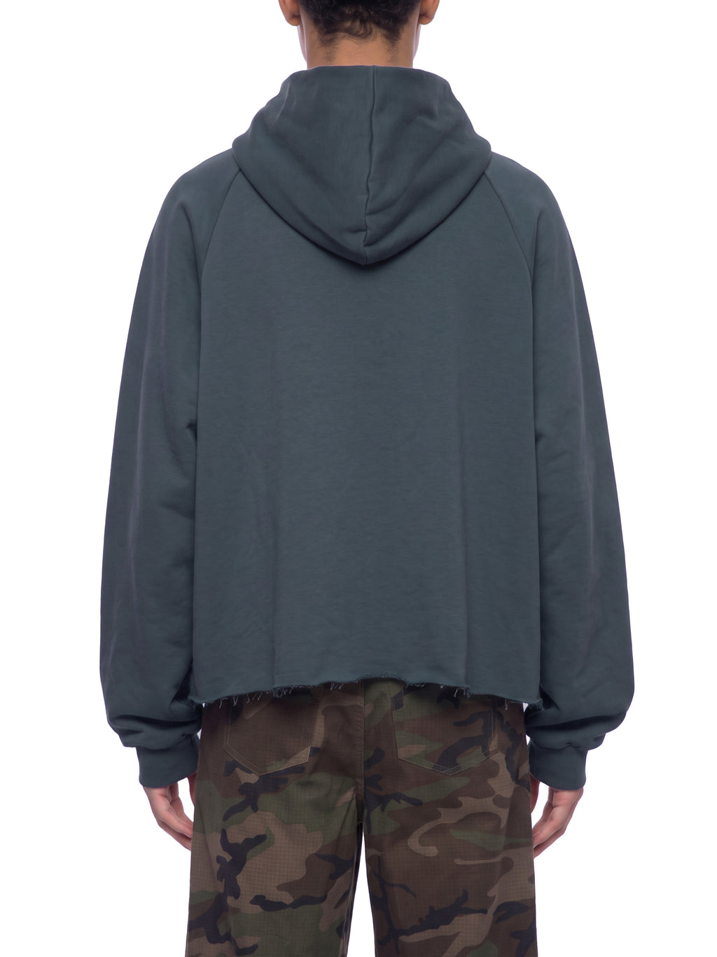 Unisex Vintage Wash Raw Edge Boxy Hoodie blue model back view