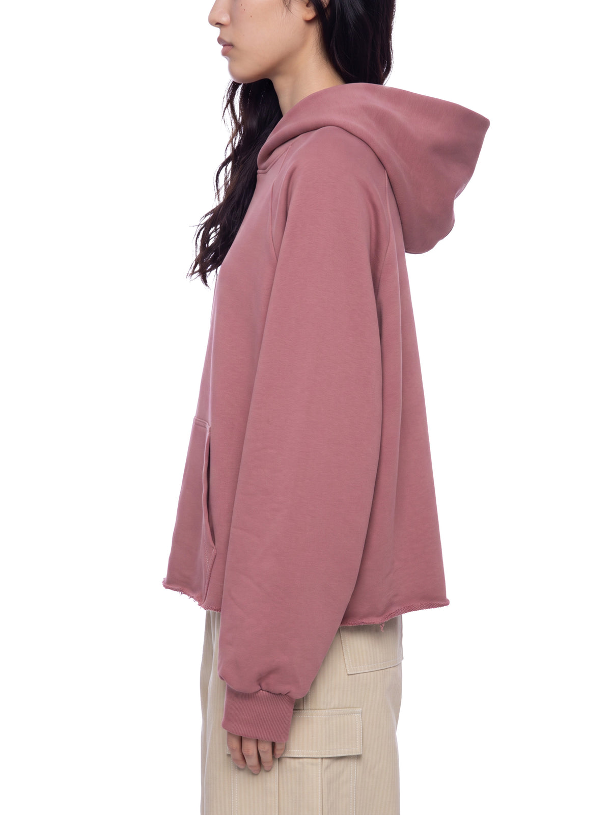 Unisex Vintage Wash Raw Edge Boxy Hoodie carmine model side view