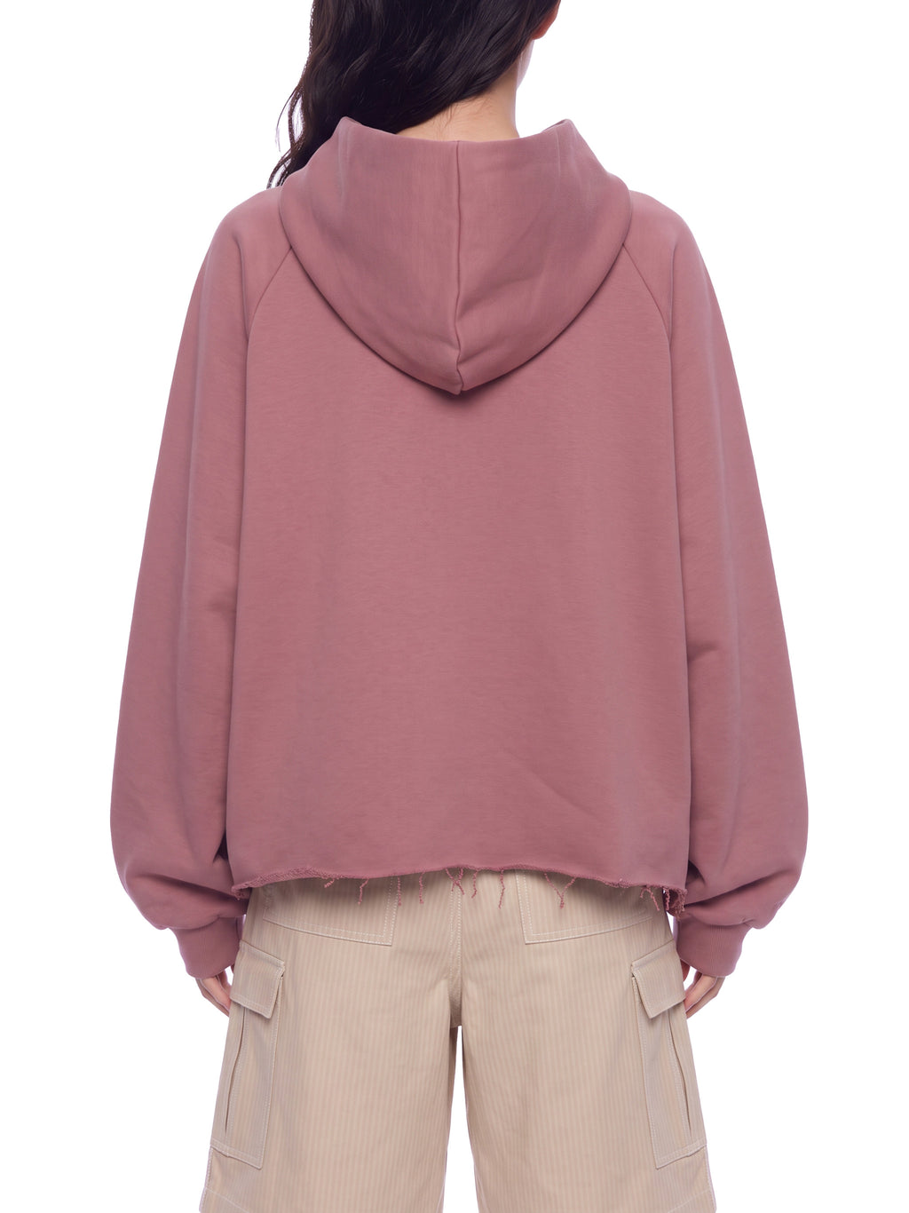 Unisex Vintage Wash Raw Edge Boxy Hoodie carmine model back view