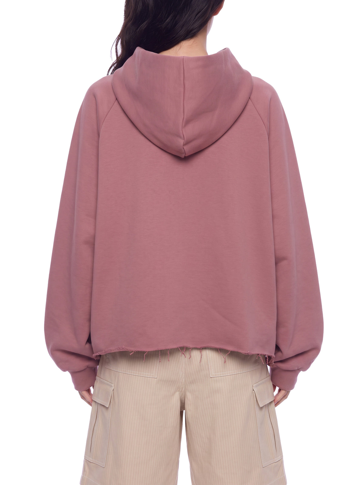 Unisex Vintage Wash Raw Edge Boxy Hoodie carmine model back view