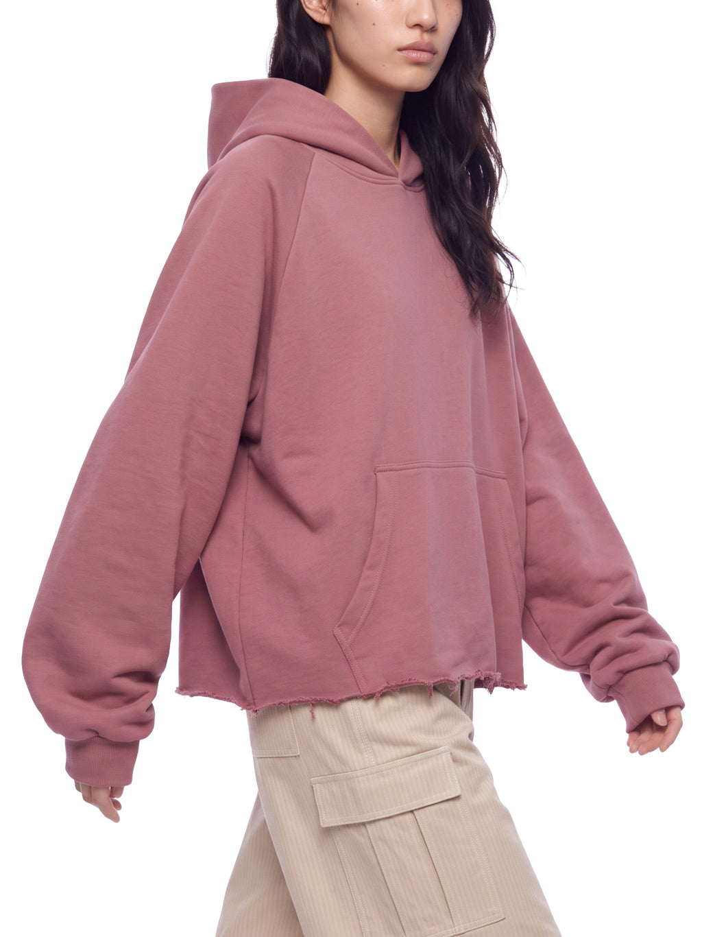 Unisex Vintage Wash Raw Edge Boxy Hoodie carmine model three-quarter view