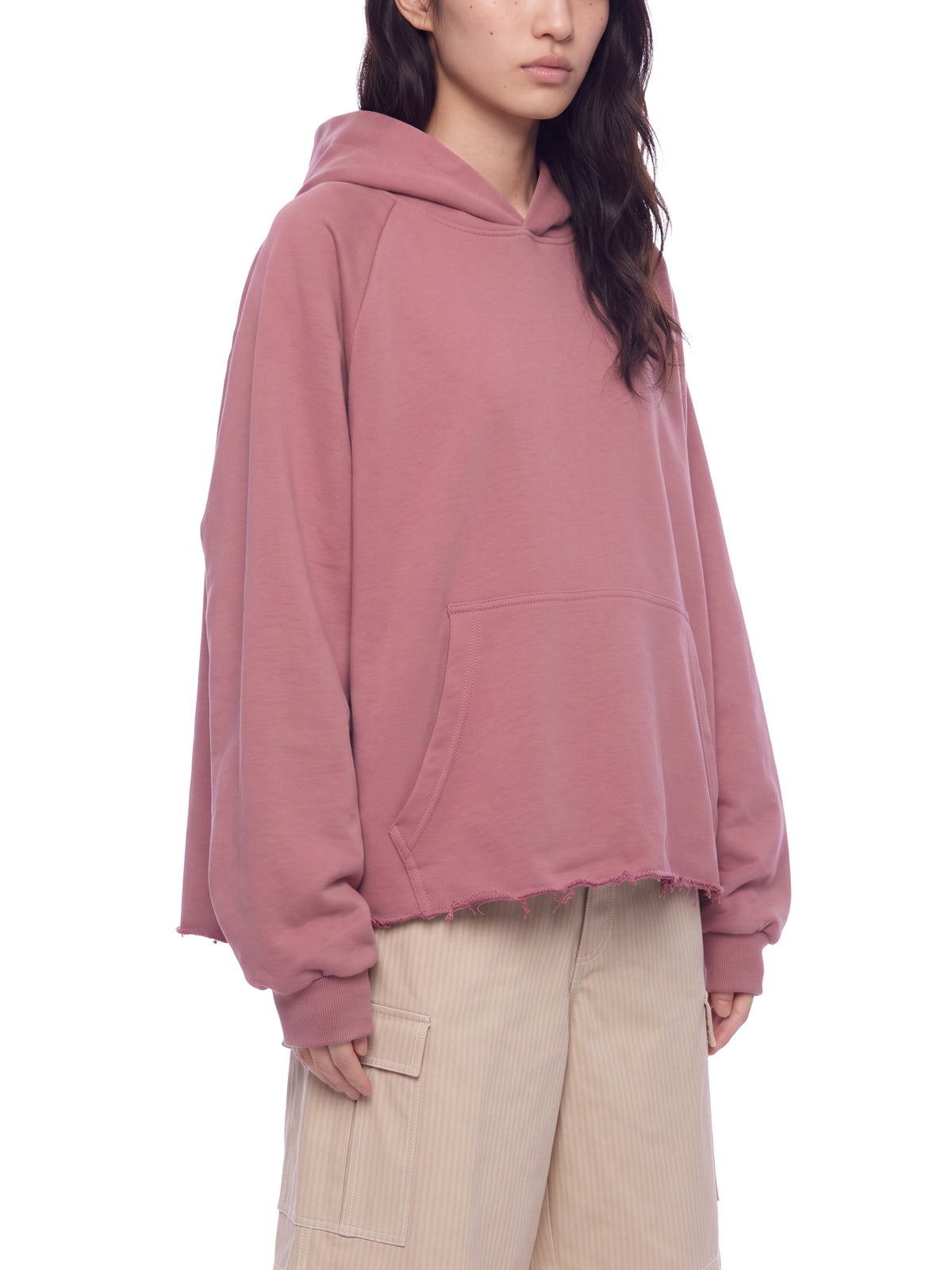 Unisex Vintage Wash Raw Edge Boxy Hoodie carmine model angled view