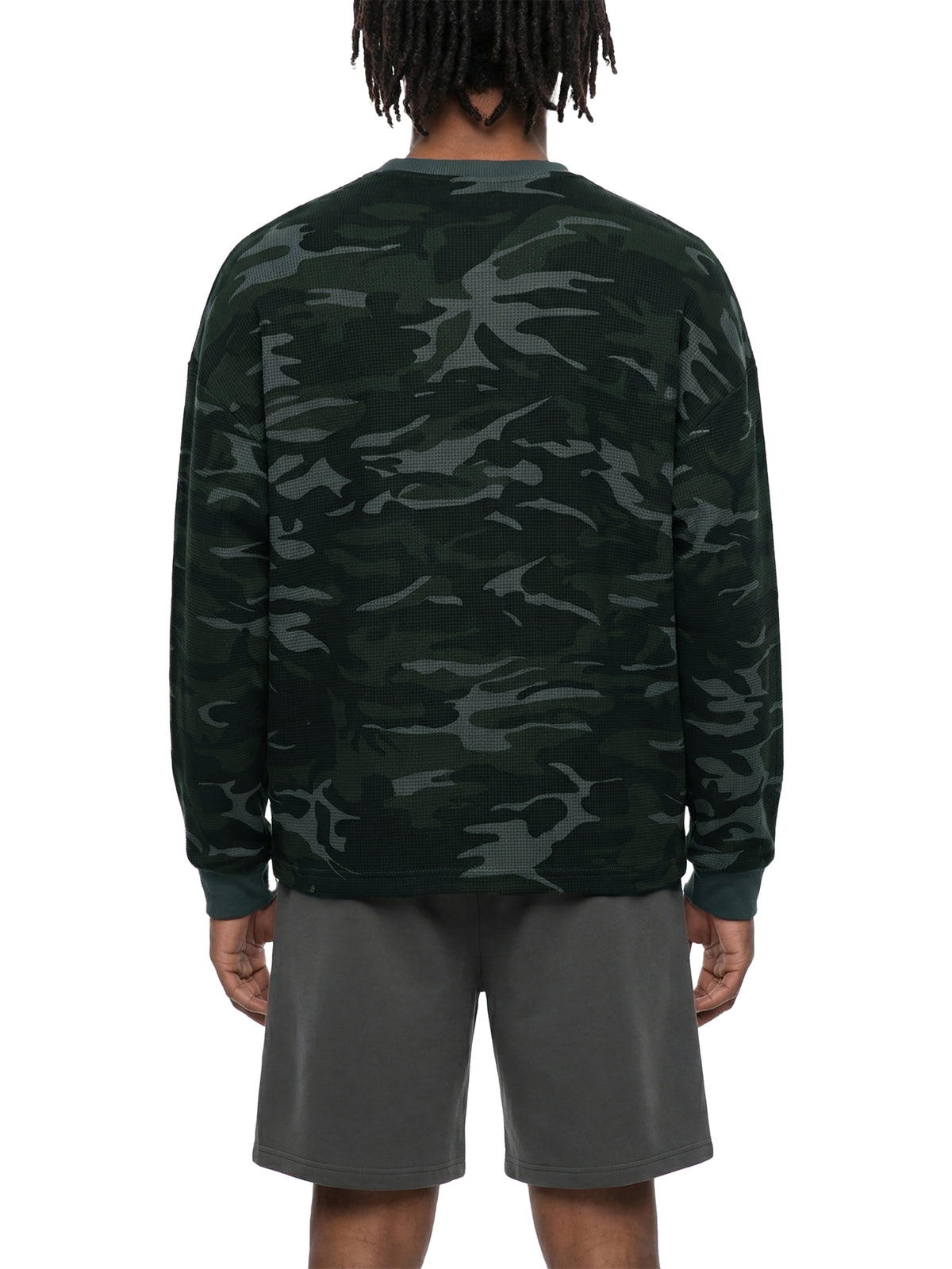 Off Script Waffle Boxy Long Sleeve T-Shirt - Gray Camo model back view