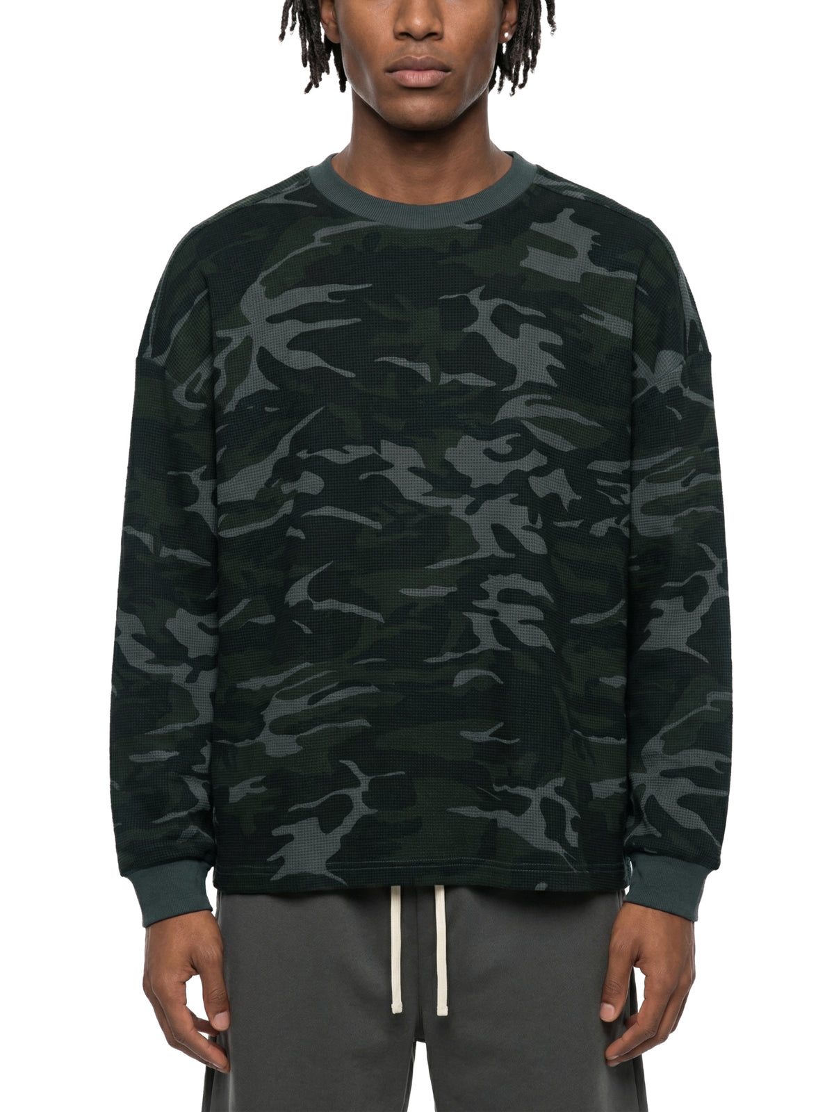 Off Script Waffle Boxy Long Sleeve T-Shirt - Gray Camo model front view