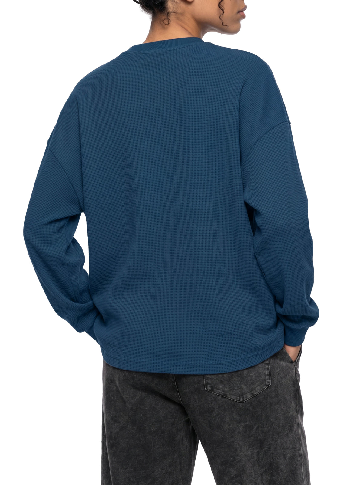 Off Script Waffle Boxy Long Sleeve T-Shirt - Haze Blue model relaxed view
